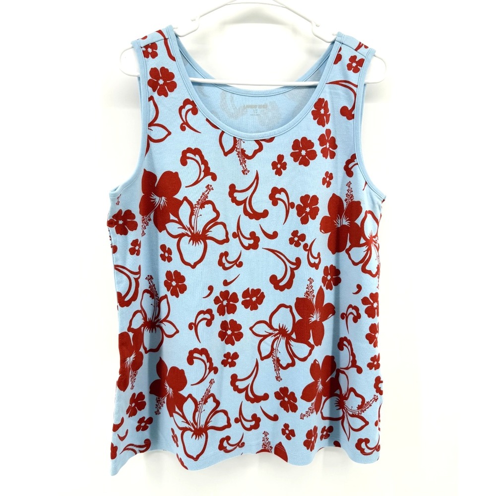 Lands End Hawaiian Tank Top Blue Red Hibiscus Floral Cotton Knit Resort Women L